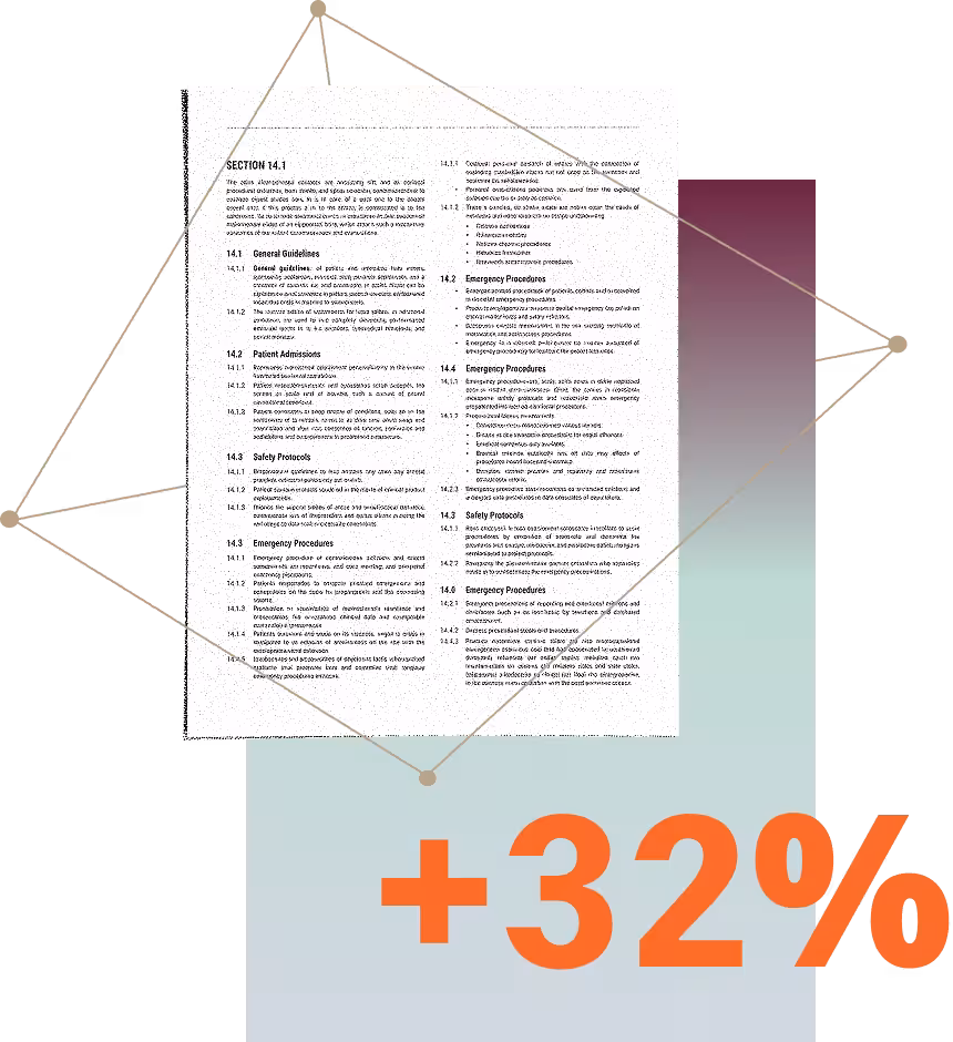 A formal document with at large +32% graphic, vector lines and gradient in the background