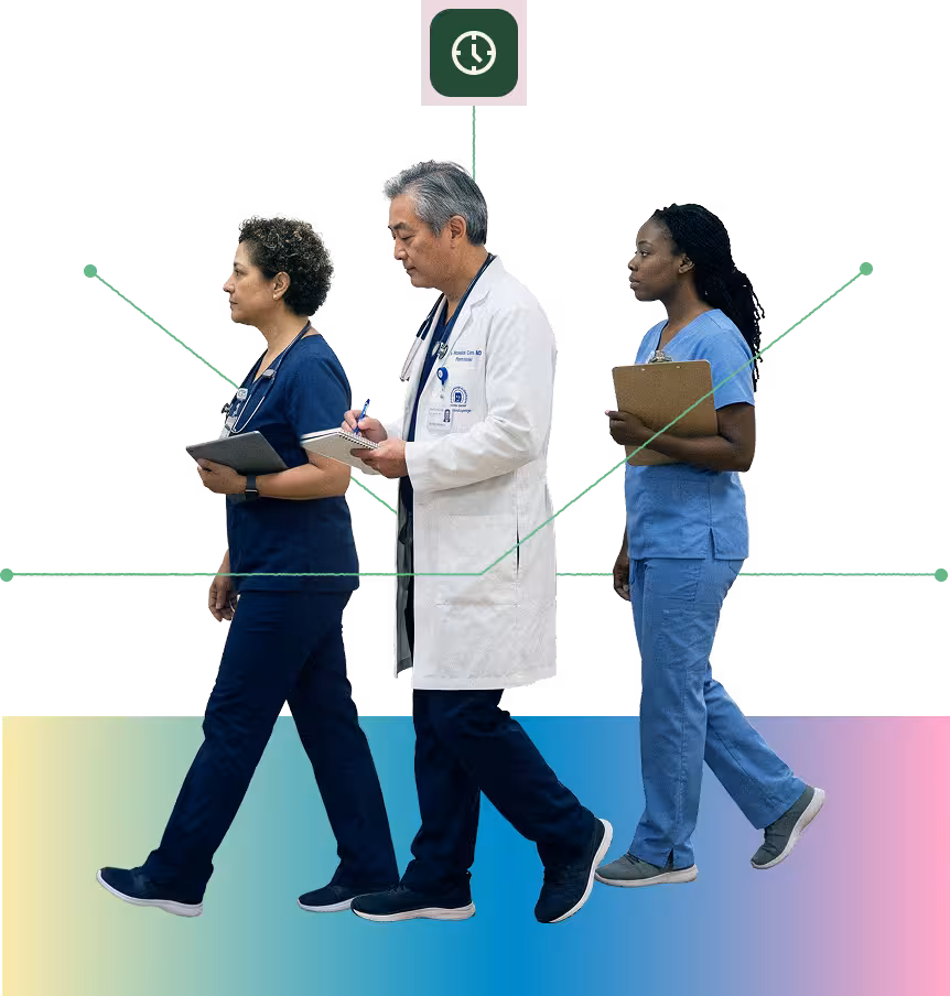 Collage of three clinicians walking to the left with a gradient bar below them and vector lines and an icon behind them