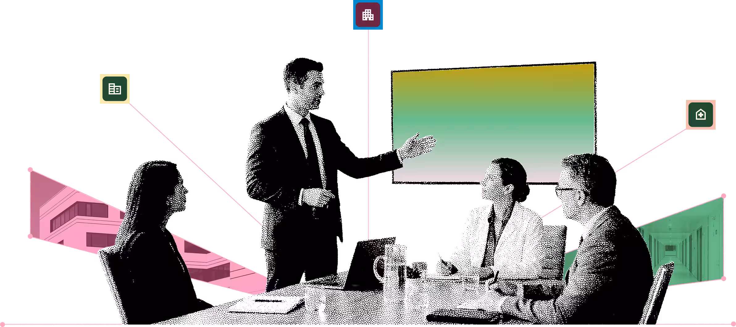 A group of business people and doctors around a conference table, styled in pointilism and looking at a monitor