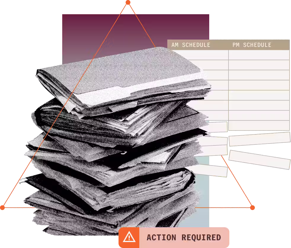 A stack of medical records with an Action Required alert, line graphics and gradients in the background