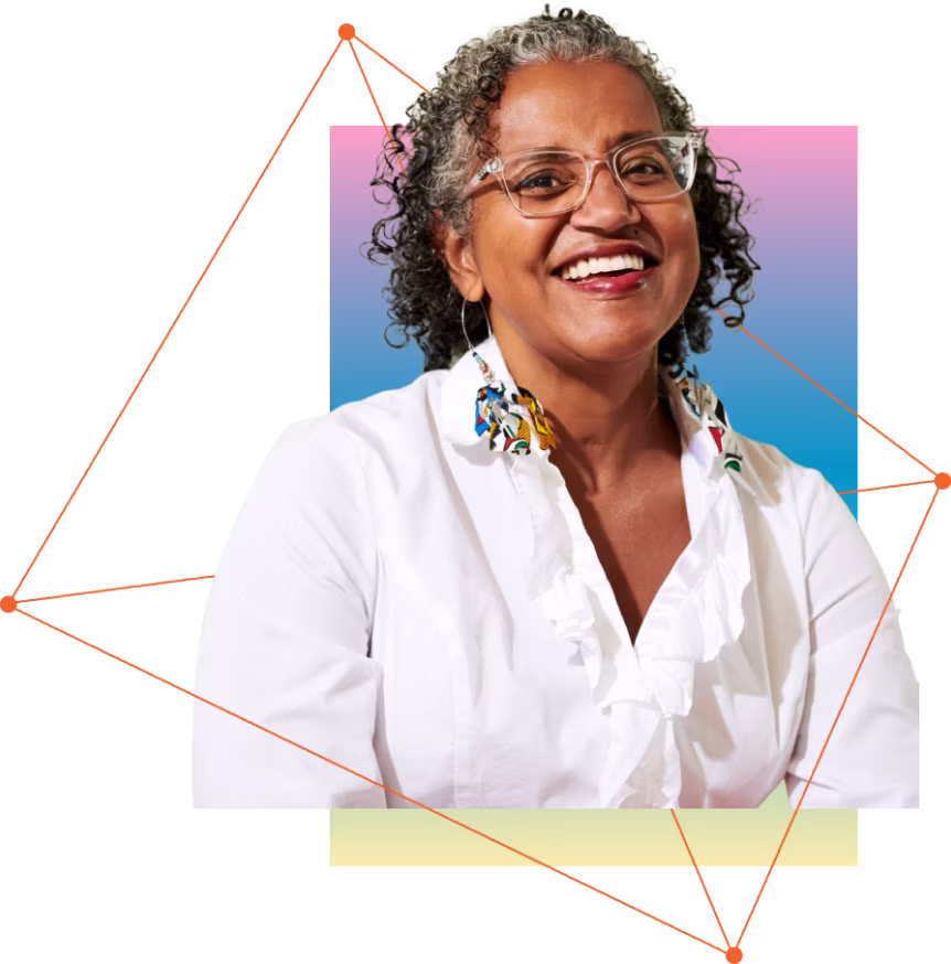 A black female physician smiling at the camera, connected lines and gradients in the background