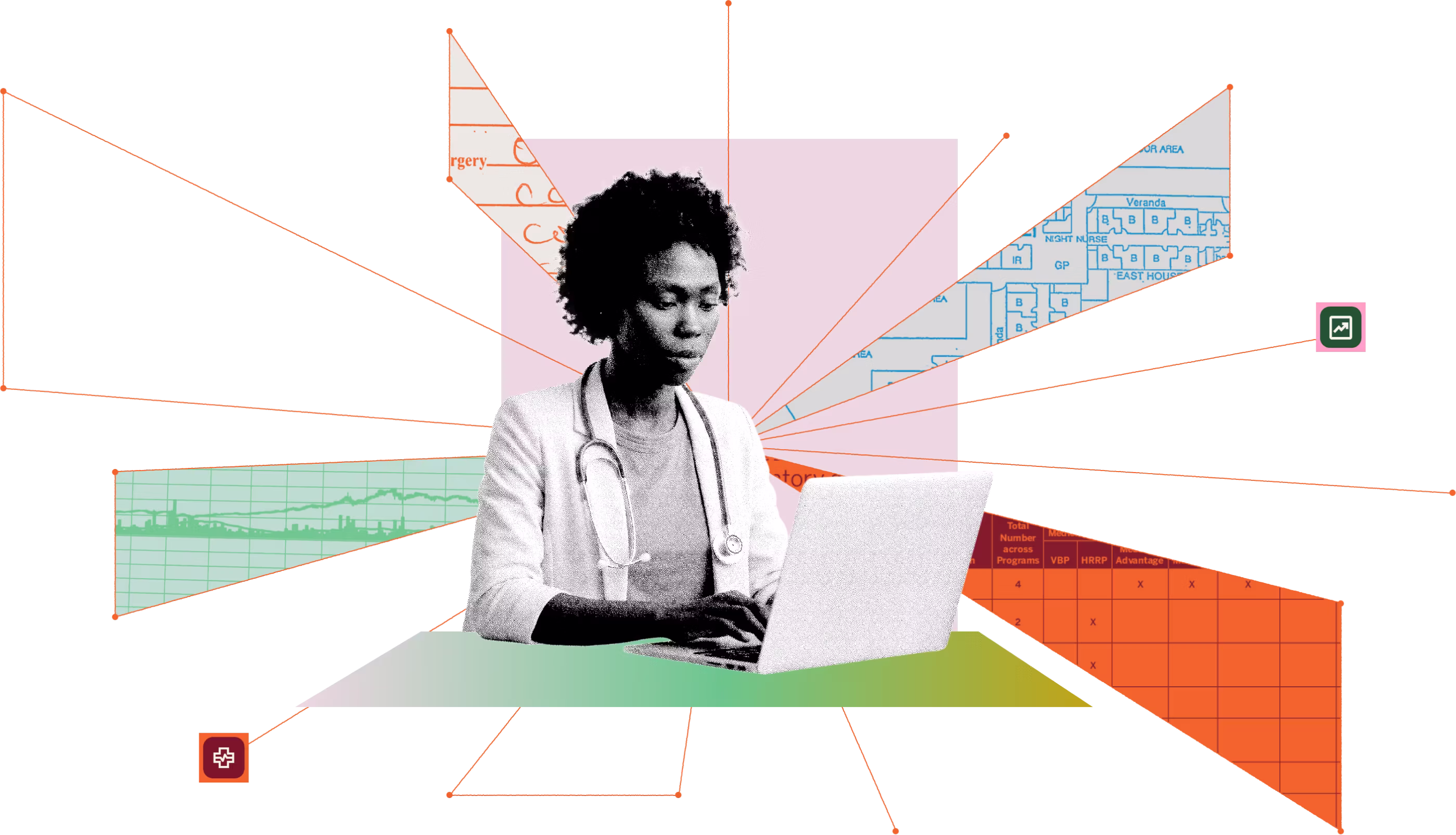 Collage of a female clinician on a laptop, mind map graphics in multiple colors connect around her
