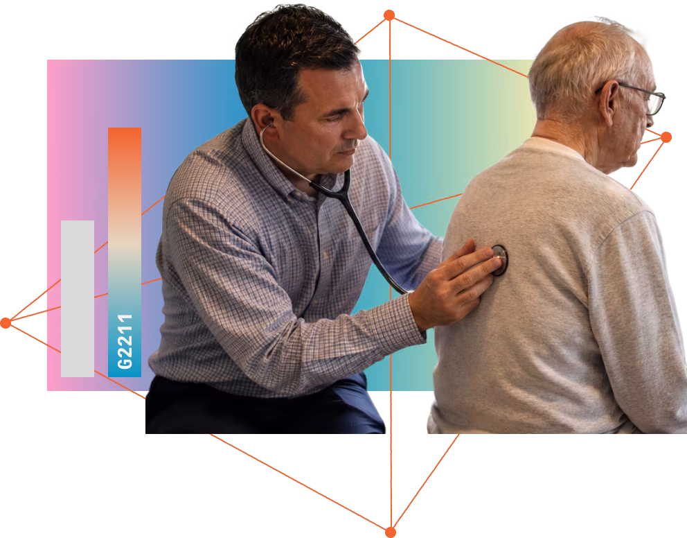 A physician checks the lungs of an elderly page with a stethoscope