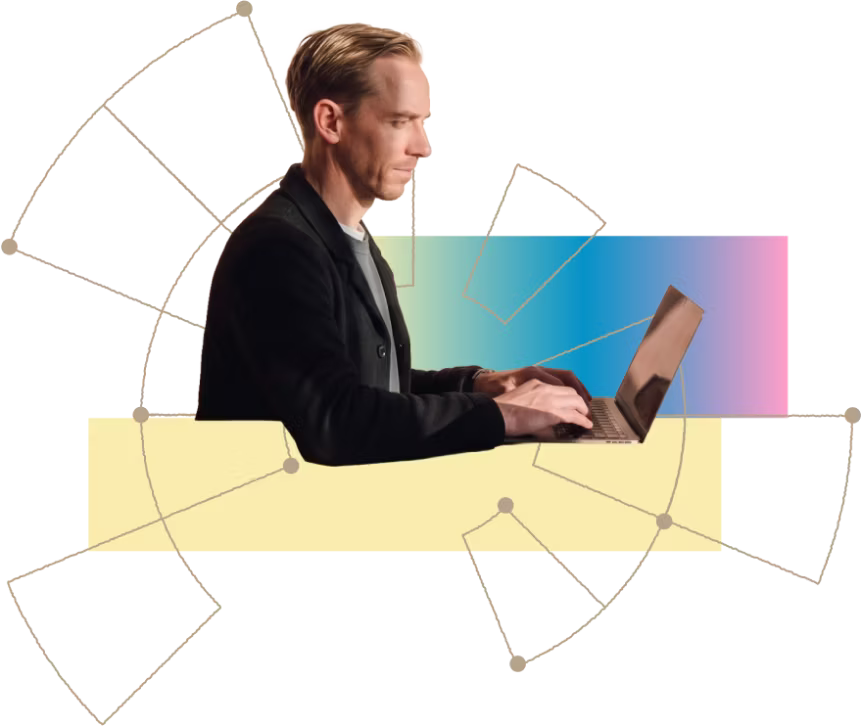 A man in profile wearing a black shirt typing on a laptop, yellow and gradient blocks and vector lines frame him in the background