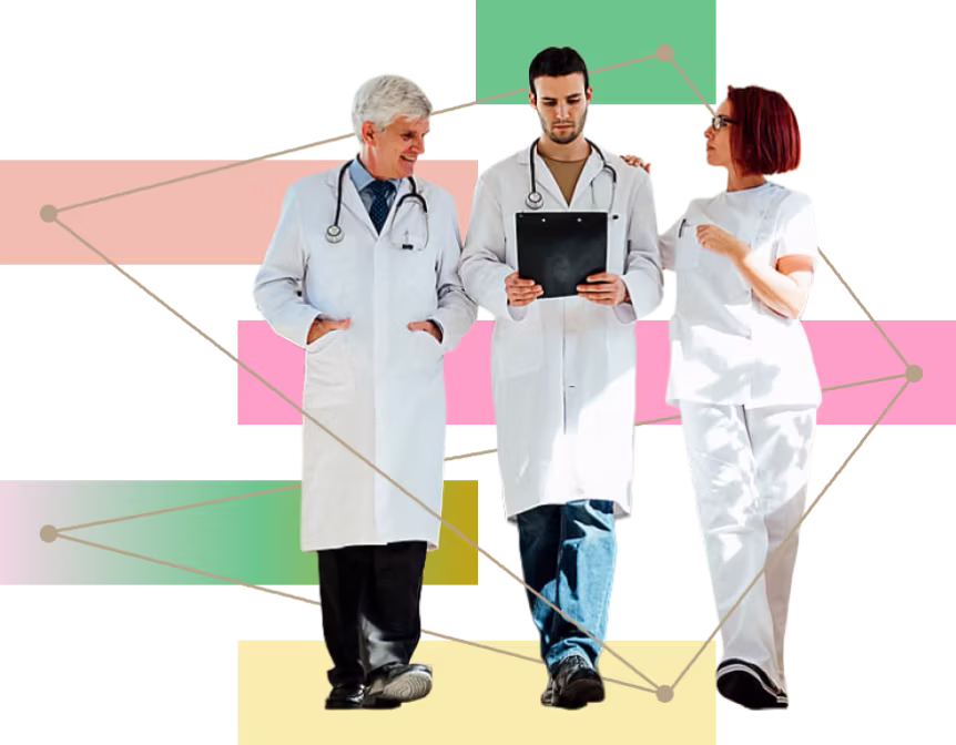 Collage of a group of clinicians talking together while reviewing a tablet, colorful blocks and vector lines behind them