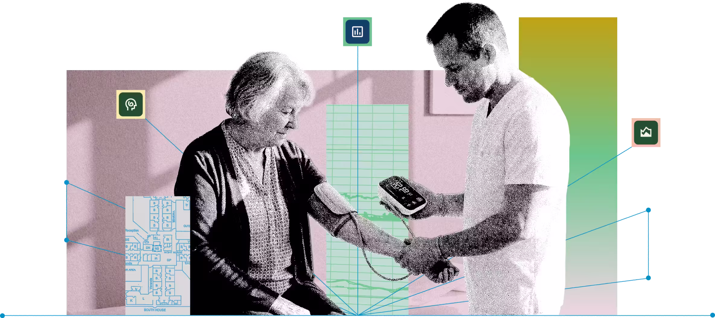 Collage of a provider and an elderly patient with vector lines, a floor plan graphic, charts and a gradient in the background